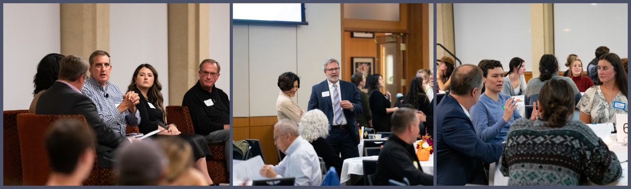 Three photos of symposium attendees engaging in civil discourse and conversation